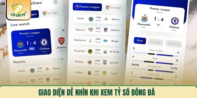 Giao diện dễ nhìn khi xem tỷ số bóng đá
