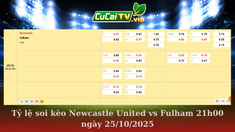 Bảng tỷ lệ soi kèo Newcastle United vs Fulham 21h00 ngày 25/10/2025